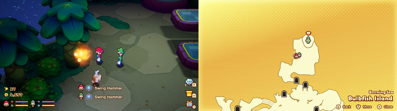 Mario and Luigi near a Sprite Bulb Nest on Bulbfish Island of Mario & Luigi: Brothership.