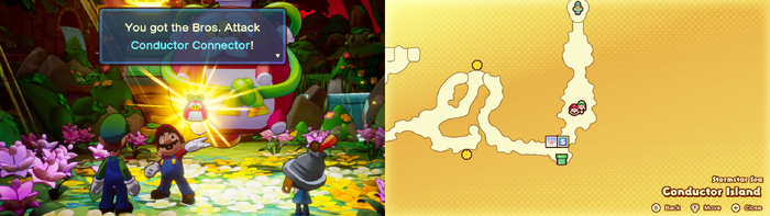 Mario getting the Conductor Connector Bros. Attack on Conductor Island of Mario & Luigi: Brothership.