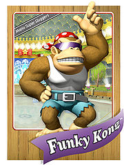 Front and back of Funky Kong's official profile card from Mario Super Sluggers.