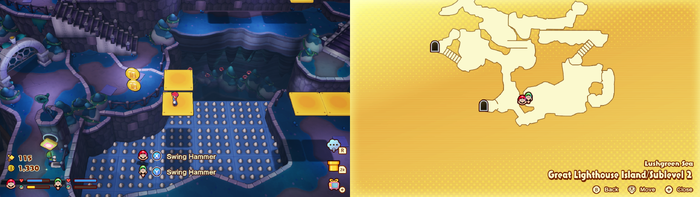Mario near 2 10-Coins on Great Lighthouse Island of the Lushgreen Sea of Mario & Luigi: Brothership.