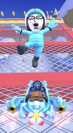 The Light Blue Mii Racing Suit performing a trick.