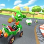Yoshi using his Yoshi's Egg Special Item in Mario Kart Tour