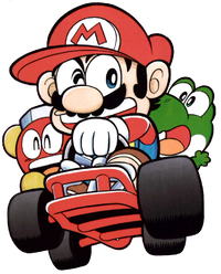 Artwork of Mario, Red Bob-omb, and Yoshi on a kart.