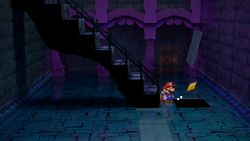 Mario getting the Star Piece under the hidden panel in the stair room of Creepy Steeple in the remake of the Paper Mario: The Thousand-Year Door for the Nintendo Switch.