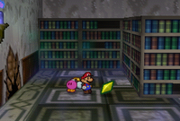 Mario finding a Star Piece un a chest in the library of Boo's Mansion in Paper Mario