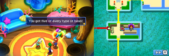 Mario and Luigi getting 5 Defense Beans, 5 Flex Beans, 5 Heart Beans, 5 Power Beans, 5 Special Beans and 5 Speed Beans from Kuzzle in Plack Beach of Mario & Luigi: Bowser's Inside Story + Bowser Jr.'s Journey.
