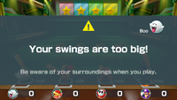 A warning message that appears if the player swings to fast and hard in the All-Star Swingers minigame in Super Mario Party