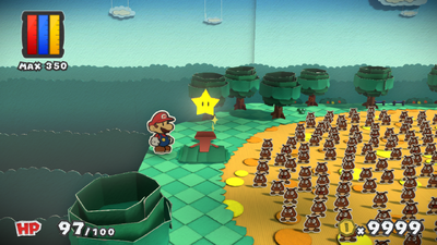 Mario near a Super Star in Sacred Forest of Paper Mario: Color Splash.