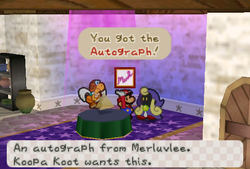 Mario receiveing an Autograph from Merluvlee in Shooting Star Summit of Paper Mario.