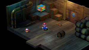 Mario finding a Mushroom in the sixth puzzle room of Sunken Ship of Super Mario RPG.