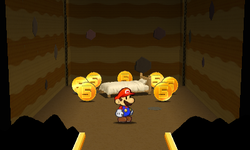 Mario near the Bed Thing surrounded by 7 Five Coins in Water's Edge Way of Paper Mario: Sticker Star.
