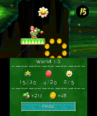 Smiley Flower 1: Held inside a Winged Cloud carried by a Fly Guy. To find it, Yoshi must take the top-right lift from the Egg Plant and ride it to the other end of its track. Yoshi can hit the Winged Cloud with an enemy or an egg or simply eat the Fly Guy to reveal the flower.