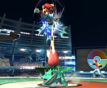 Ivysaur using its Bullet Seed attack on Mario in the Pokémon Stadium 2 stage of Super Smash Bros. Brawl.