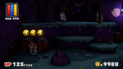 Mario near 3 Coins in Fortune Island of Paper Mario: Color Splash.