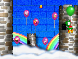 Bobbing Bow-loons: Yoshi tied to a balloon, holding his aim for the attempt to shoot one of the moving balloons that contains an item. From Mario Party 3.