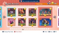 Screenshot of Mystic Forest's level select screen from the Nintendo Switch version of Mario vs. Donkey Kong