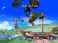 Super Smash Bros. Melee. Coin fight in Rainbow Cruise pitting Ganondorf and Donkey Kong against Princess Peach and Mario.