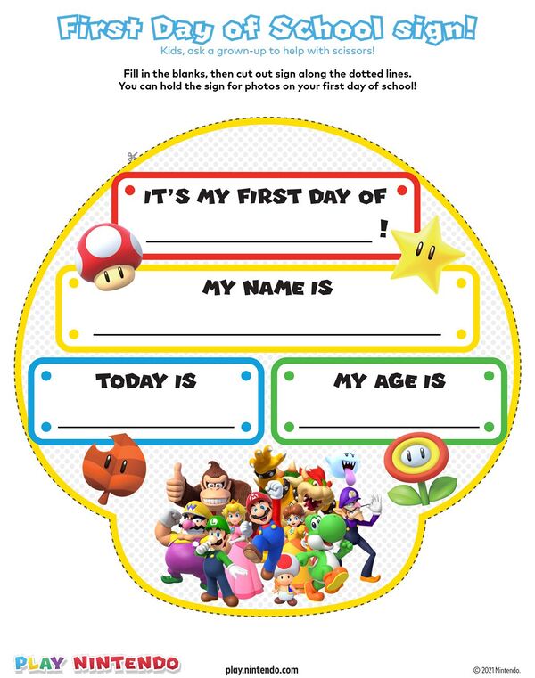 Printable back-to-school DIY sign featuring Super Mario characters