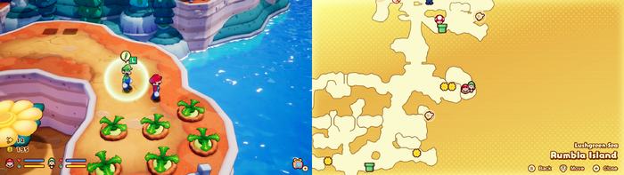 Mario and Luigi near 6 Plug Radishes containing 18 Coins on Rumbla Island of Mario & Luigi: Brothership.