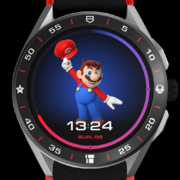 The hero watchface, showing Mario, the time, the weekday, and day of the month.