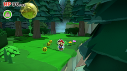 Mario standing near 3 Coins in Whispering Woods of The Origami King.