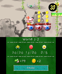 Smiley Flower 3: On the top of a room accessed by revealing a hidden Winged Cloud between two trees shortly after the Checkpoint Ring and the Ukikis and two Flatbed Ferries. Pink Yoshi needs to traverse upward using Countdown Platforms and avoiding Ukikis that either shoot watermelon seeds or drop bombs.