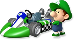 Artwork of Baby Luigi with his kart from Mario Kart Wii