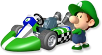 Artwork of Baby Luigi with his kart from Mario Kart Wii