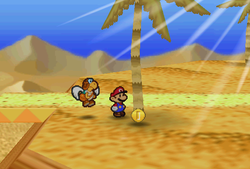 Mario finding a Coin in the scene D6 of Dry Dry Desert of Paper Mario.