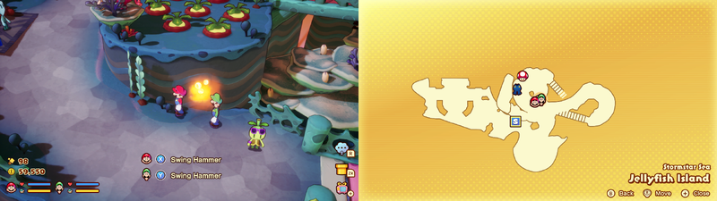 Mario and Luigi near a Sprite Bulb Nest on Jellyfish Island of Mario & Luigi: Brothership.