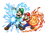 Mario and Luigi using the Firebrand and Thunderhand respectively in Mario & Luigi: Superstar Saga + Bowser's Minions.