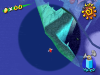 A walking underwater glitch first demonstrated by passing through a poorly clipped corner of a wall in Super Mario Sunshine.