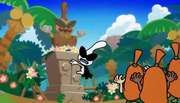 Orbulon crashing into a statue worshipped by Woods Watchers
