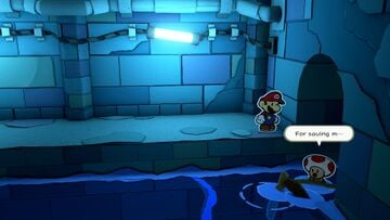 Mario frees a hidden Toad from a crate floating in the waters of the Graffiti Underground. The Toad drifts away before being able to finish thanking Mario.