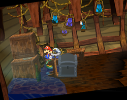 Mario near the P-Down, D-Up badge in Pirate's Grotto of Paper Mario: The Thousand-Year Door.