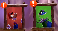 Rayman in Mario's costume and Globox in Luigi's costume in Rayman Legends