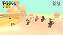 Screenshot of a section of Cakewalk Flip with Stingbies in Super Mario 3D World; the Stingbies were replaced by a Ring Burner in the final game