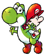 Artwork of Yoshi and Baby Mario in Yoshi's Island: Super Mario Advance 3 (Reused for Yoshi Touch & Go)