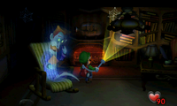 Luigi in the Study room in Luigi's Mansion's Nintendo 3DS remake.