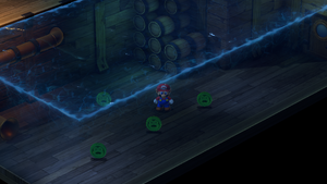 Mario finding 4 Frog Coins in the first partially flooded room of Sunken Ship of Super Mario RPG.