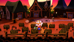 Mario getting a Coin from a bush in Twilight Town of Paper Mario: The Thousand-Year Door for Nintendo Switch.