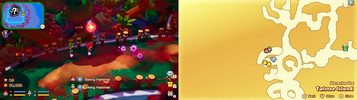 Mario and Luigi near the Chill-Out Fruit on Twistee Island of Mario & Luigi: Brothership.
