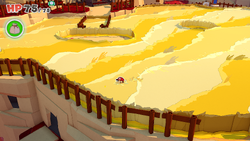 Mario standing near a Coin in Autumn Mountain of The Origami King.