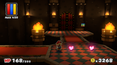 Mario near two Hearts in Black Bowser's Castle of Paper Mario: Color Splash.