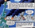 Mario knocking over one of the Twin Towers of the World Trade Center in the Club Nintendo comic "Mario in Mariozilla"