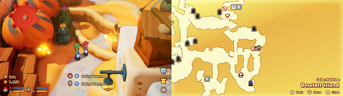 Mario and Luigi near 2 Sprite Bulb Nests on Desolatt Island of Mario & Luigi: Brothership.