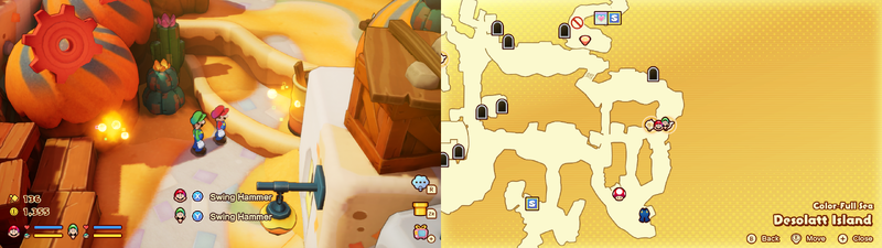 Mario and Luigi near 2 Sprite Bulb Nests on Desolatt Island of Mario & Luigi: Brothership.
