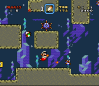 Fire Mario shooting Fireballs at a Rip Van Fish in Forest of Illusion 2.