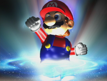 Mario transforming into a fighter from a trophy.