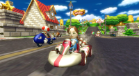A Mii racing in Mario Circuit from Mario Kart Wii.